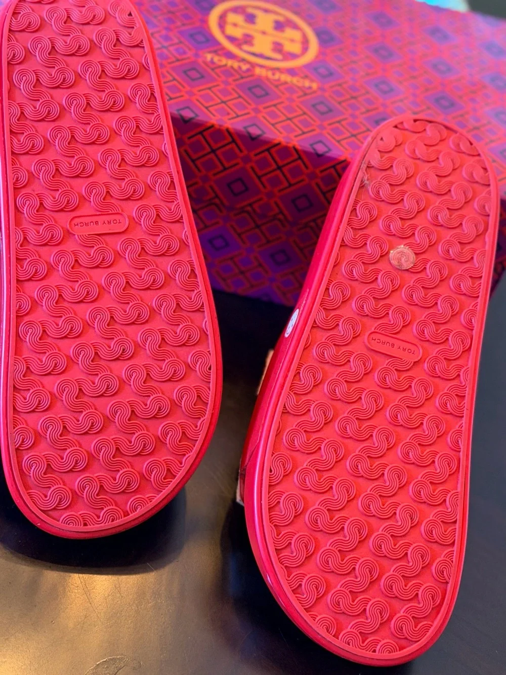 Tory Burch Red 'LOVE' Slide Sandals with Chenille Appliqué
